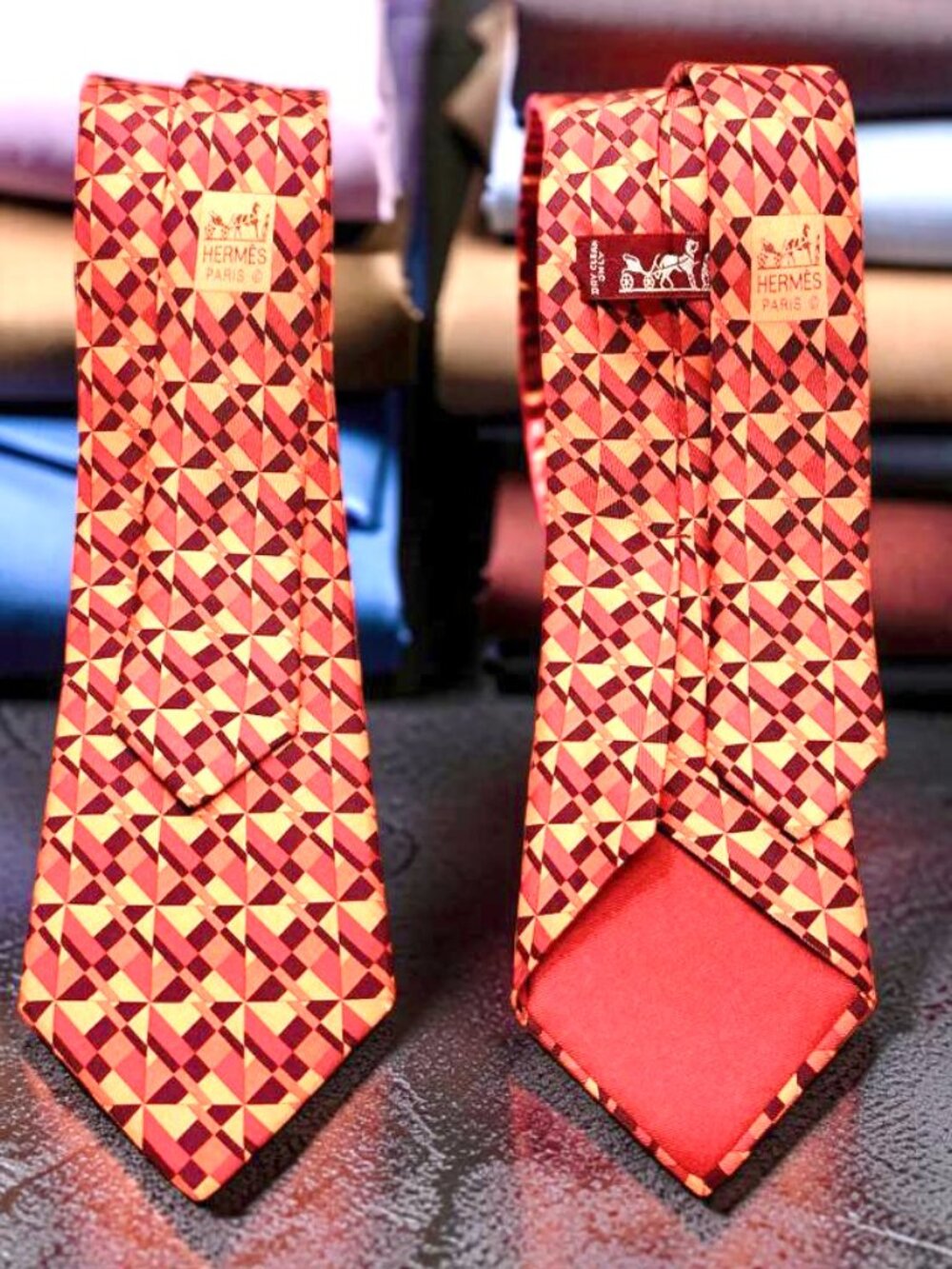 Classic HERMES Men's 100% Silk Necktie FRANCE Luxury Orange red brown (59
